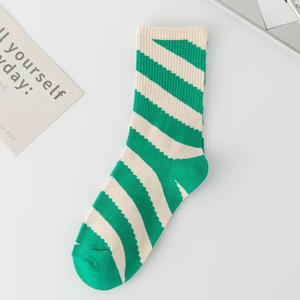 Socks White & Moss Green Stripey - Mid Leg Socks